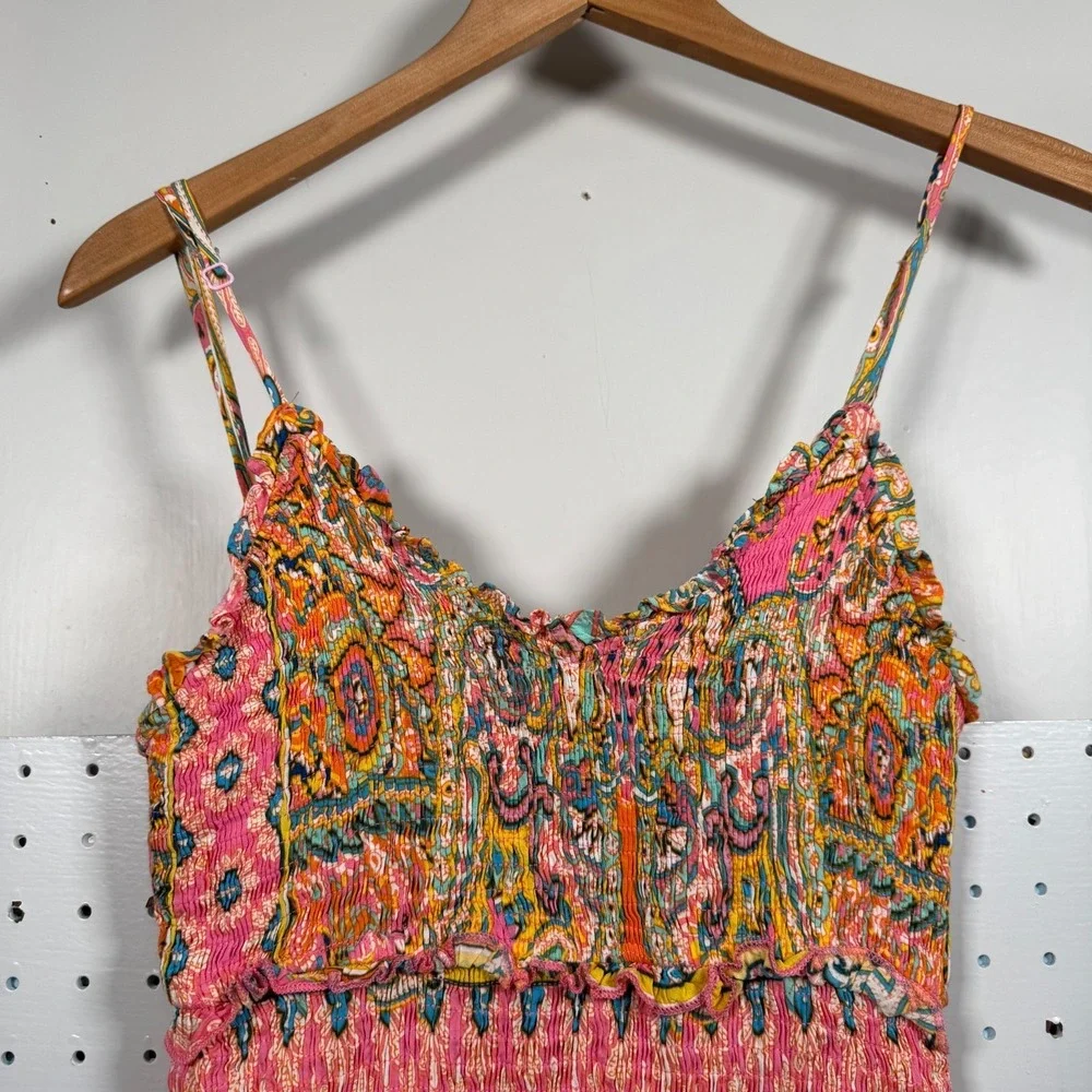 Olivaceous Smocked Bodycon Mini Dress Women's‎ Paisley Ruffle Boho Chic - Small